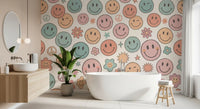 Papier peint panoramique mural rétro à visages joyeux et sourires psychédéliques