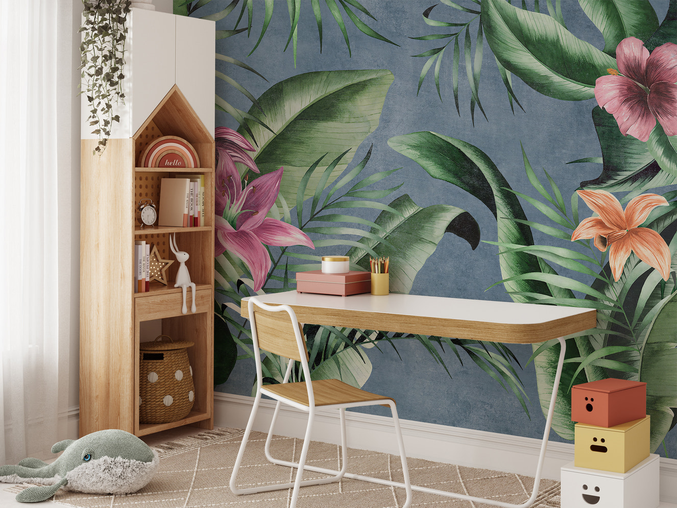 Blue background mural with large green floral leaves design.
