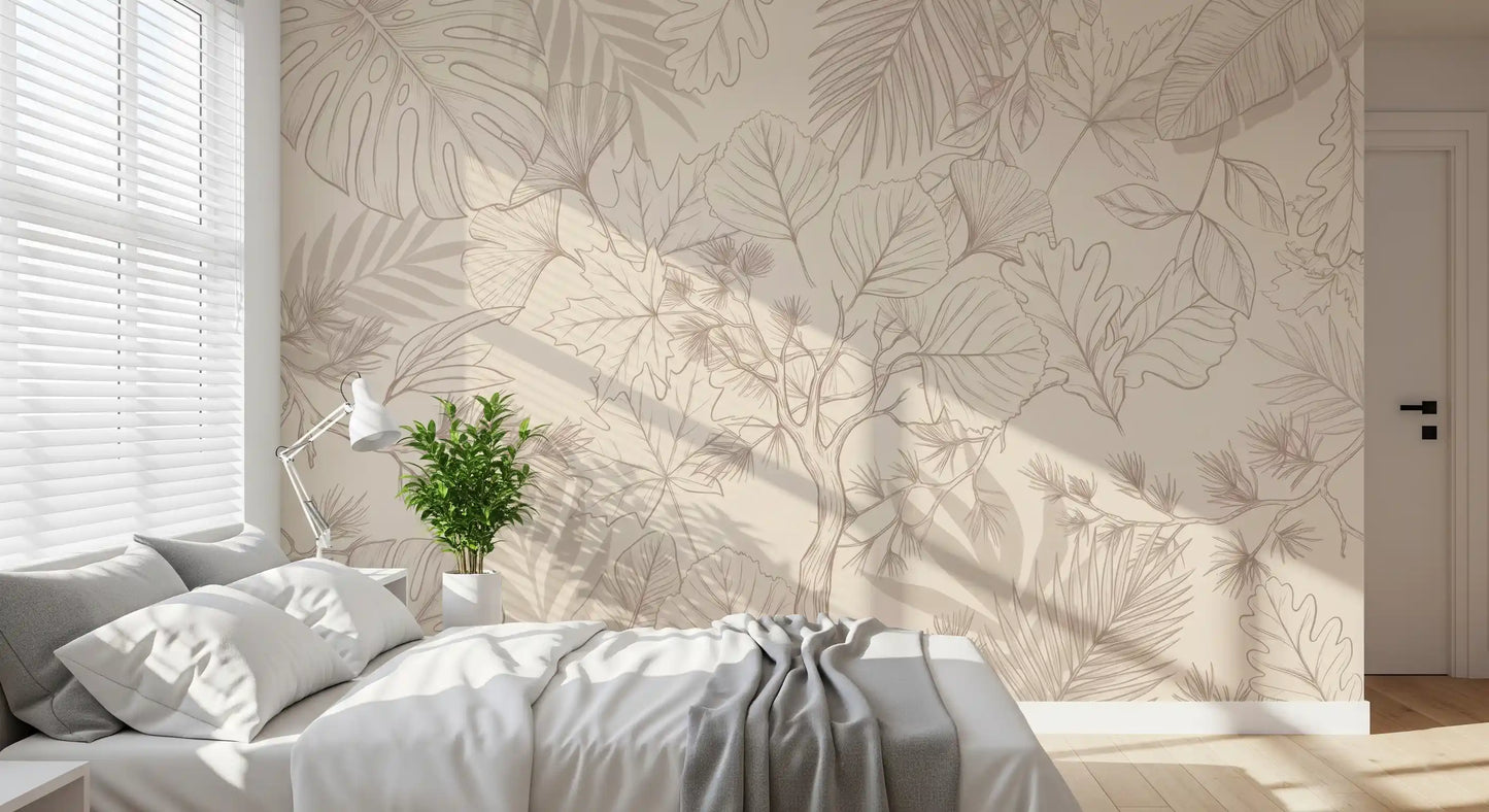 Papier peint panoramique crème avec croquis de feuilles botaniques