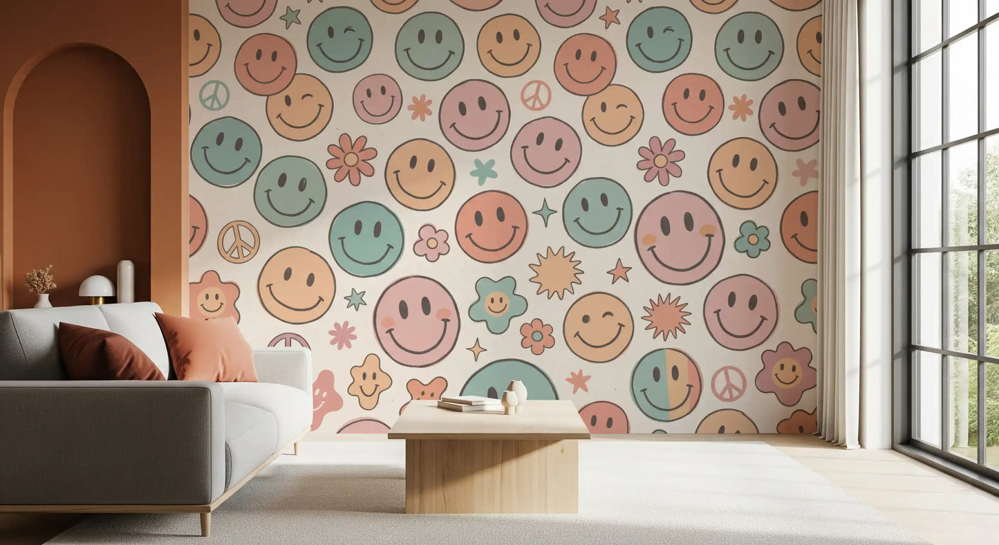 Papier peint panoramique mural rétro à visages joyeux et sourires psychédéliques