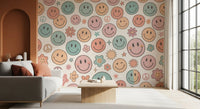 Papier peint panoramique mural rétro à visages joyeux et sourires psychédéliques
