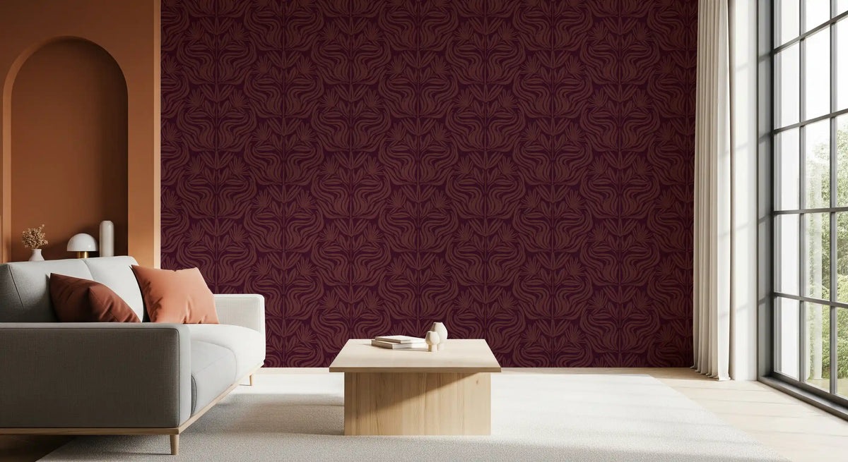 Papel tapiz con patrón floral de damasco en burdeos intenso