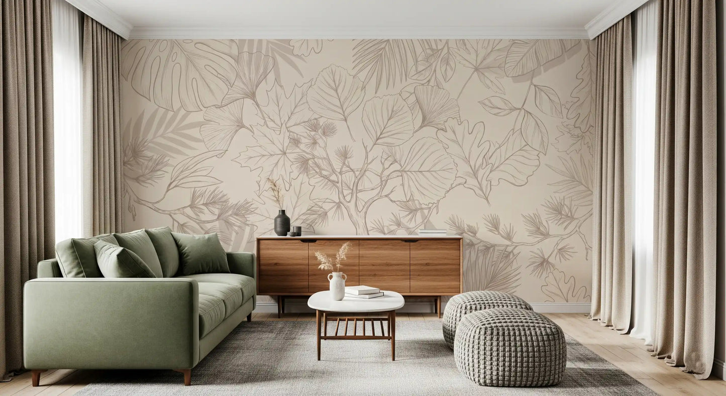 Papier peint panoramique crème avec croquis de feuilles botaniques