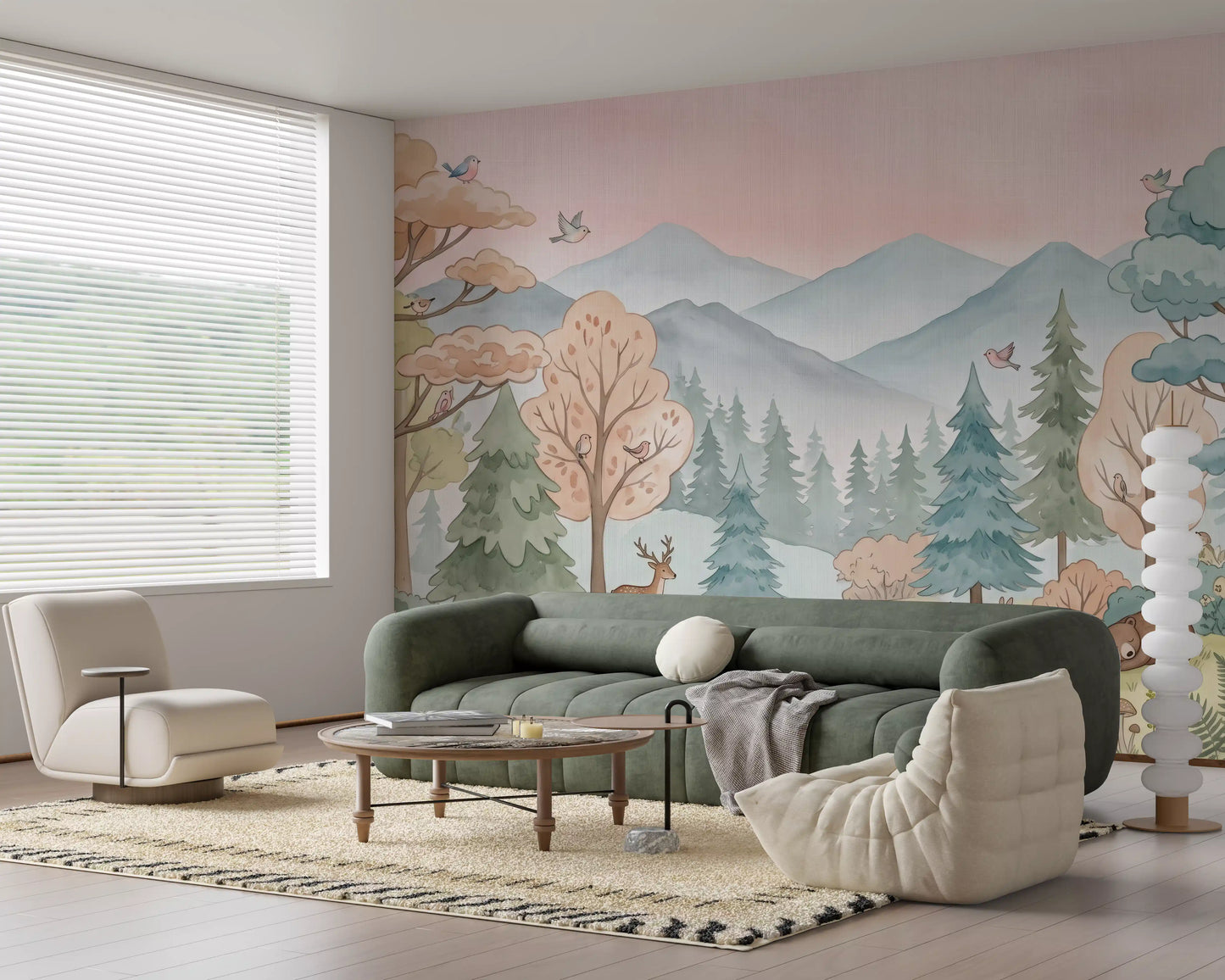 Fresque murale représentant un sentier forestier enchanteur dans les bois