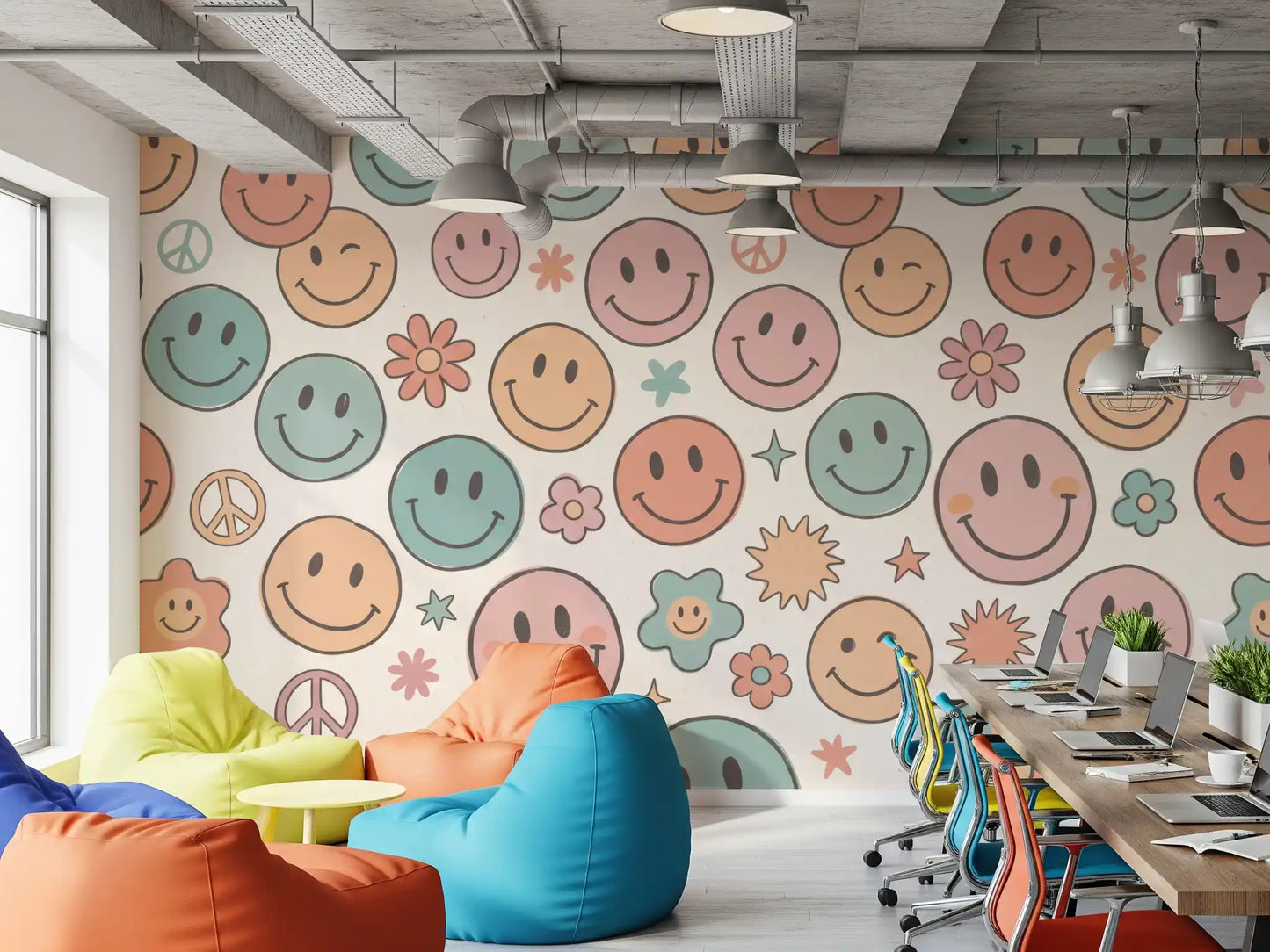 Papier peint panoramique mural rétro à visages joyeux et sourires psychédéliques