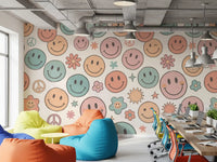 Papier peint panoramique mural rétro à visages joyeux et sourires psychédéliques