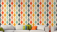 Vibrant retro curves wallpaper with colorful patterns in living room