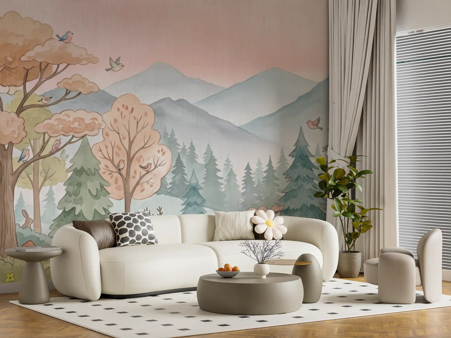 Fresque murale représentant un sentier forestier enchanteur dans les bois