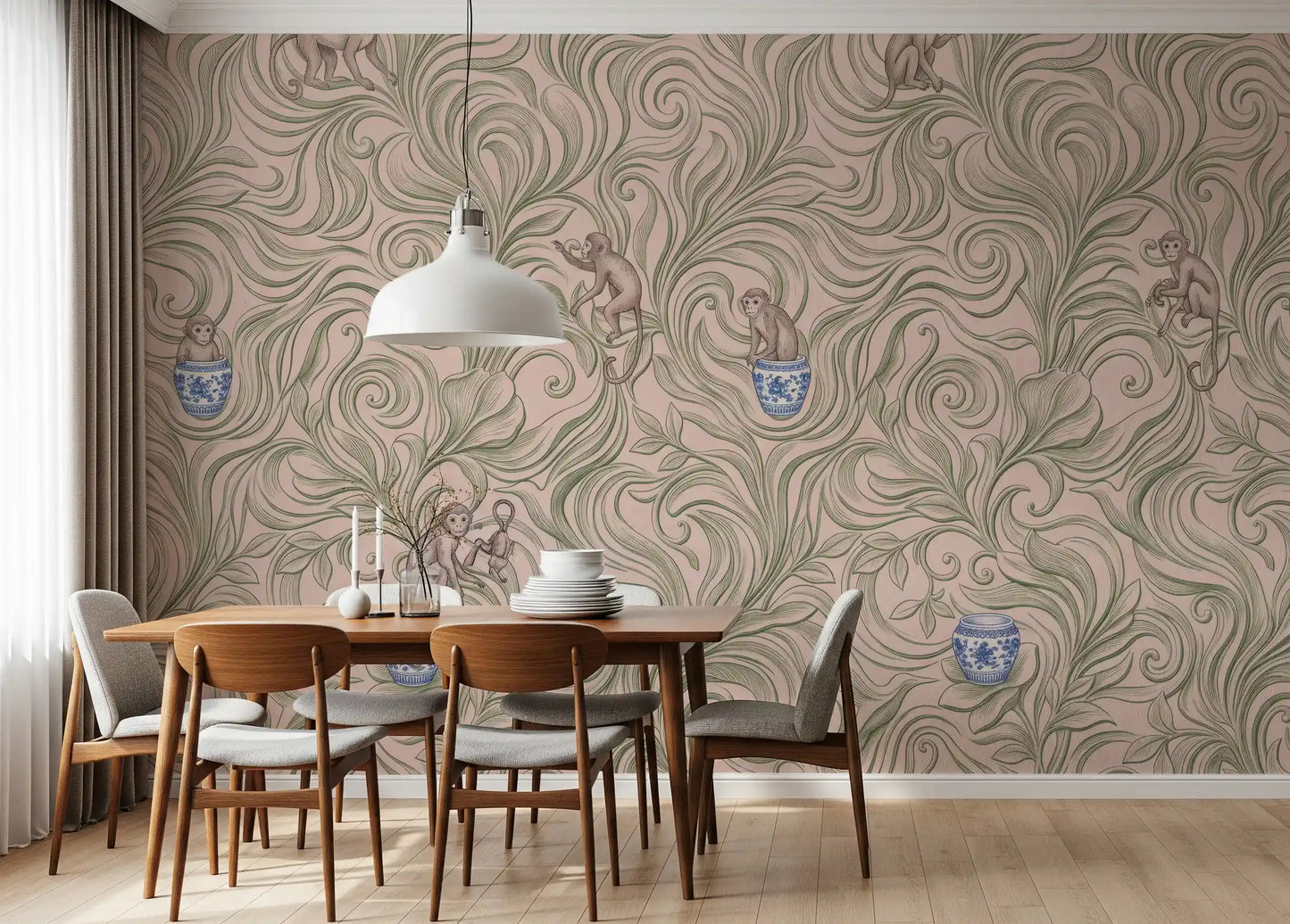 Mural panoramique mural représentant des singes espiègles dans des vases en porcelaine