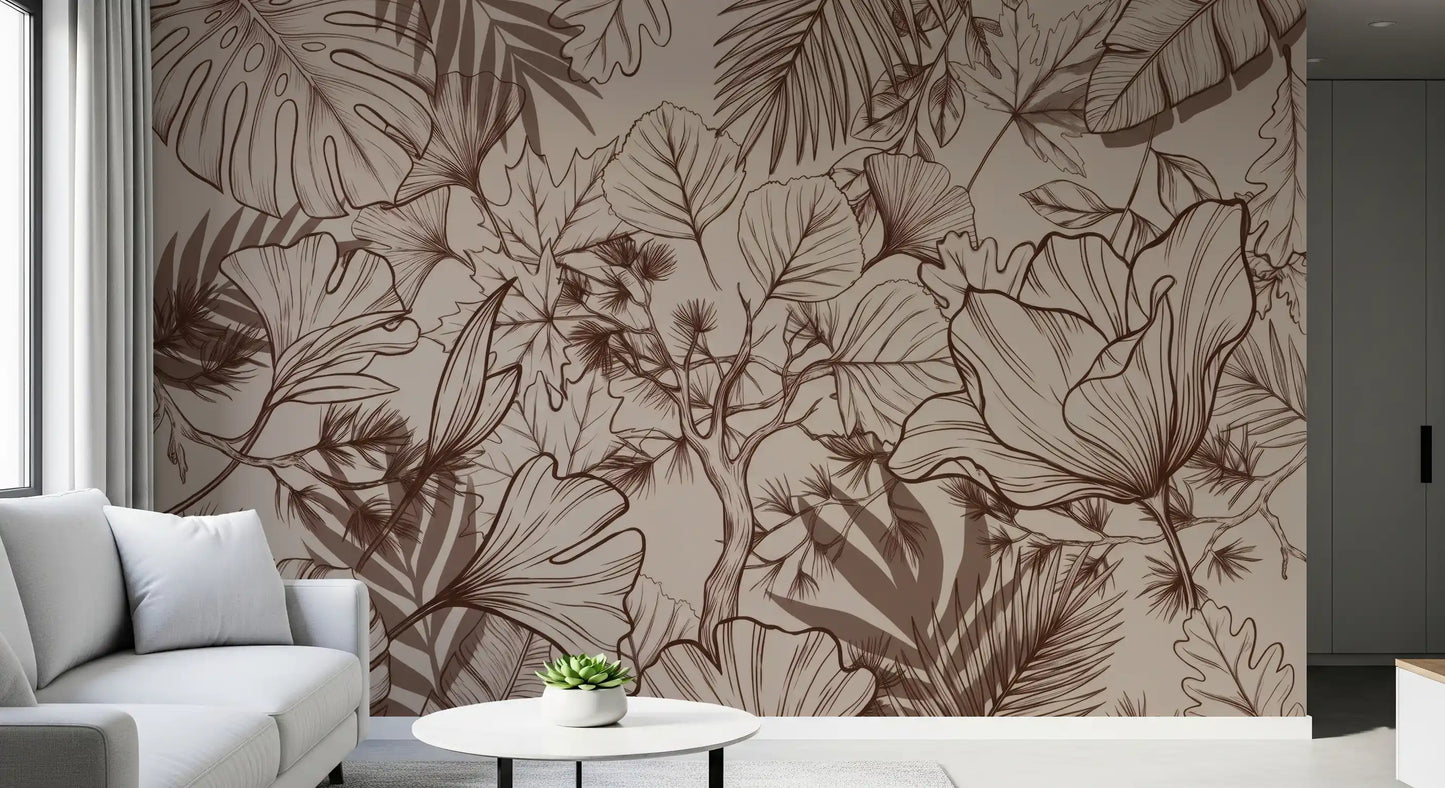 Papier peint panoramique mural botanique monochrome en dessin au trait