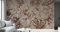 Papier peint panoramique mural botanique monochrome en dessin au trait