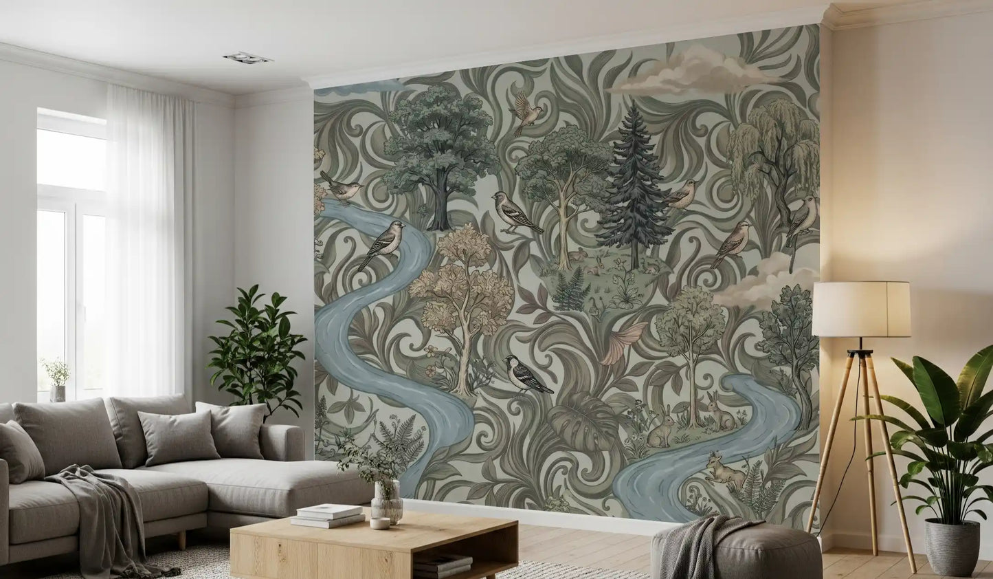 Misty Forest River Escape Wall Mural