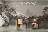 Mountain and tropical palm forest mural in grayscale tones
