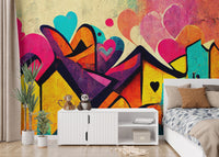 Contemporary vibrant urban love graffiti wallpaper for walls.