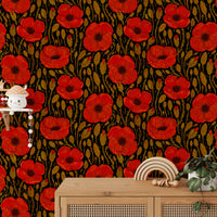 Whimsical dark red poppy wallpaper for cozy, nature-inspired spaces.
