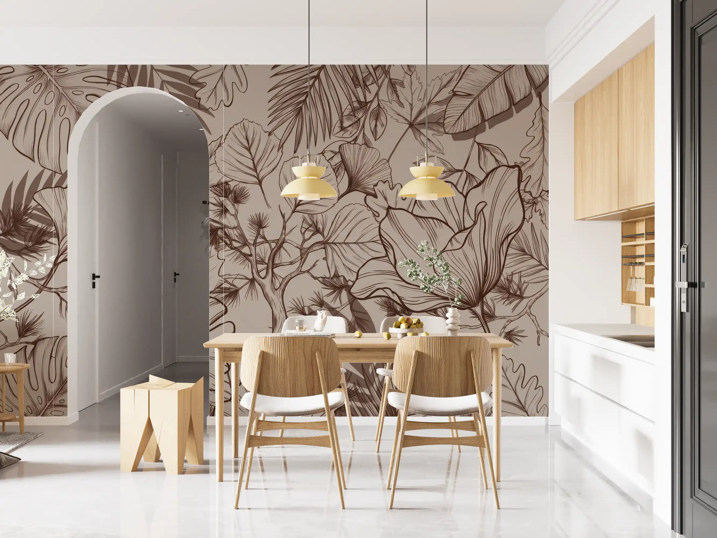 Papier peint panoramique mural botanique monochrome en dessin au trait