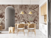 Papier peint panoramique mural botanique monochrome en dessin au trait