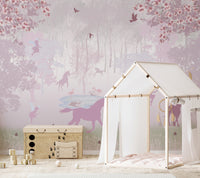 Enchanted forest mural with unicorns
