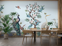 Peacock & Heron Bird Chinoiserie Wallpaper Murals - Giffywalls