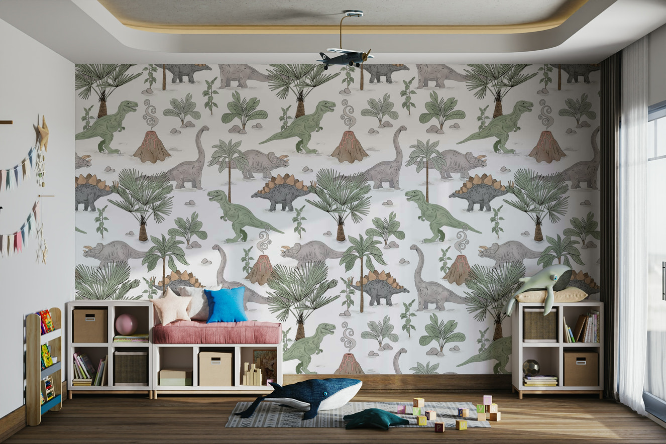 Dinosaur wallpaper in a modern kids' room

