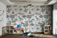 Dinosaur wallpaper in a modern kids' room

