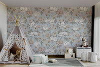 Cute animals sleeping in garden backdrop

