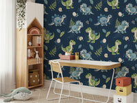 Green and blue dinosaurs on navy backdrop

