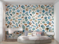 Retro toy blocks wallpaper in colorful pattern on kids’ room wall