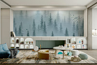 Misty woods wallpaper with tall trees and fog