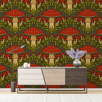 Bold deep red mushroom wallpaper for a striking vintage accent.
