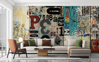 Retro collage wallpaper brings vintage flair to living room