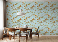 18th Rococo Forest Chinoiserie with Squirrels and Mice on Oak Tree Branches Blue Wallpaper⁠