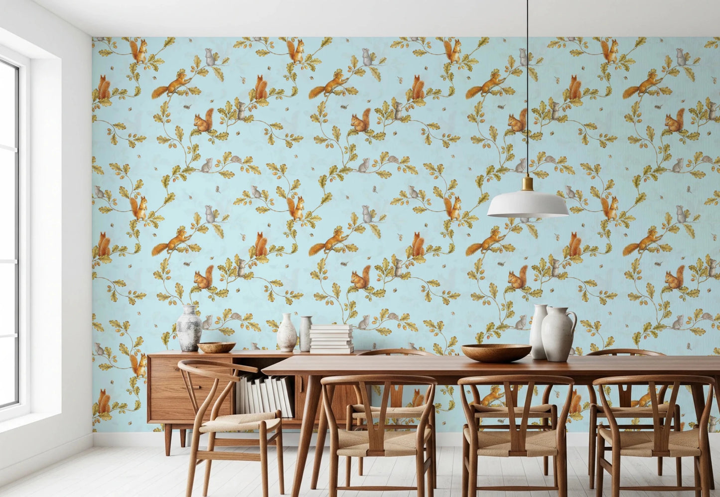 18th Rococo Forest Chinoiserie with Squirrels and Mice on Oak Tree Branches Blue Wallpaper⁠