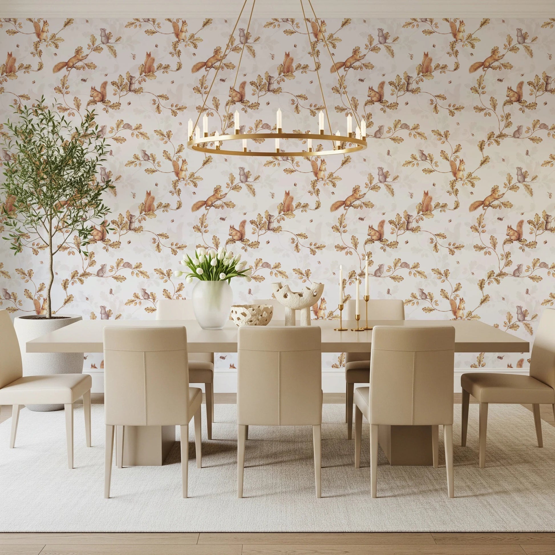 18th Rococo Forest Chinoiserie with Squirrels and Mice on Oak Tree Branches off white Wallpaper⁠
