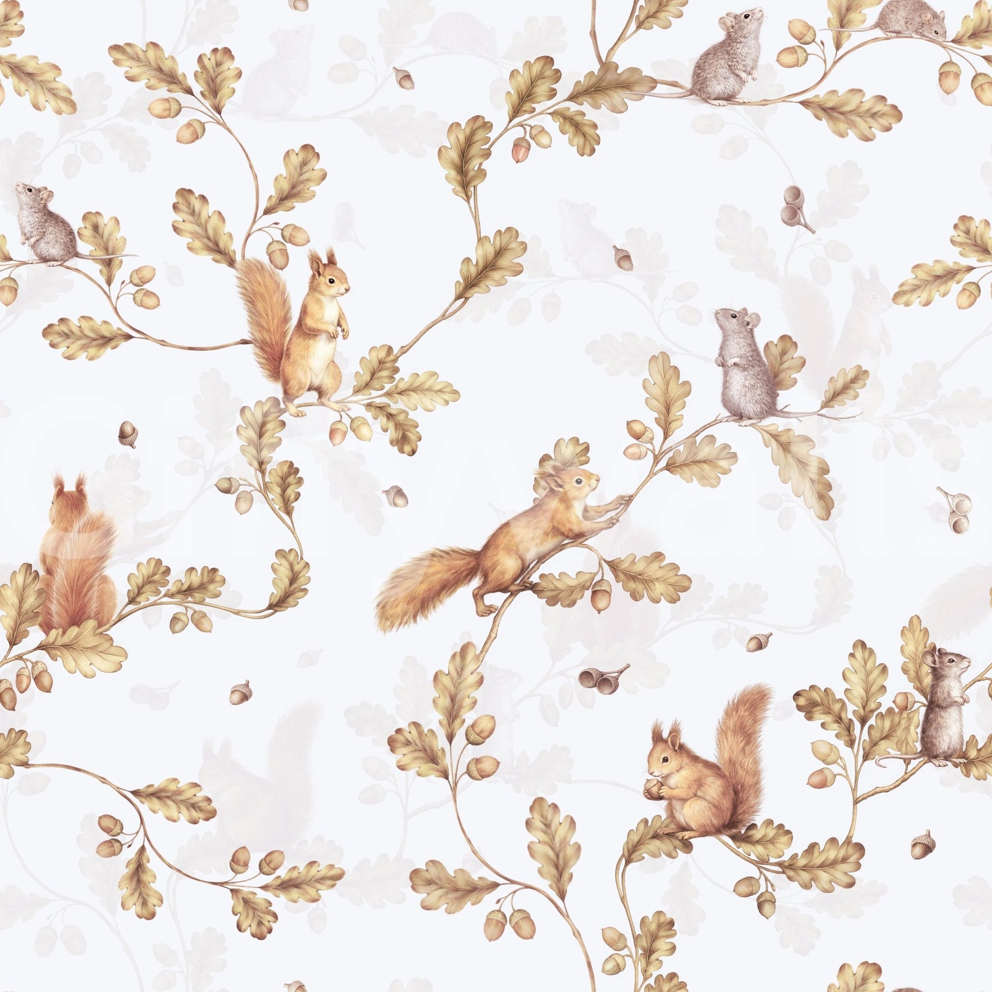 18th Rococo Forest Chinoiserie with Squirrels and Mice on Oak Tree Branches off white Wallpaper⁠