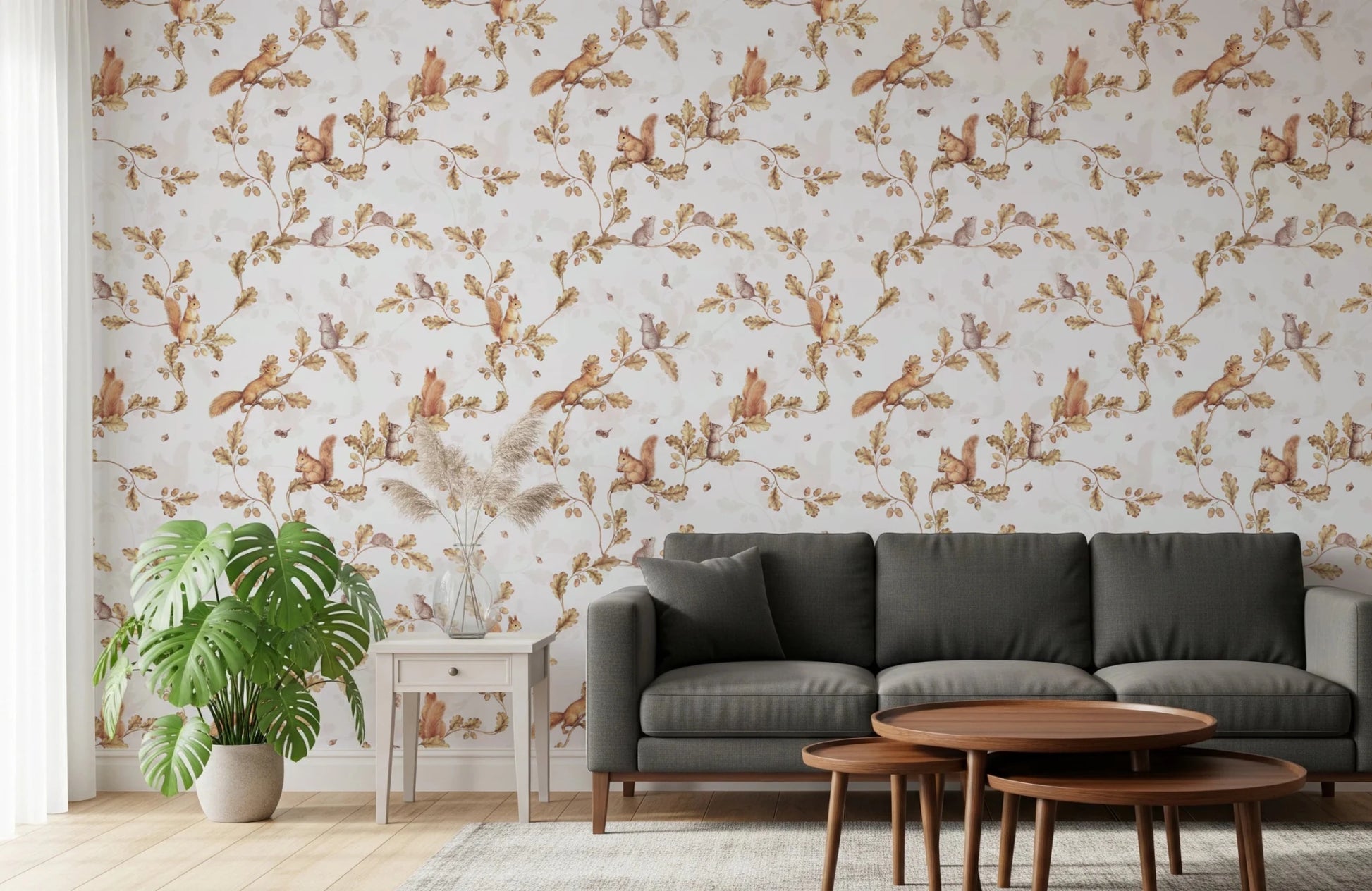 18th Rococo Forest Chinoiserie with Squirrels and Mice on Oak Tree Branches off white Wallpaper⁠