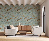 18th Rococo Forest Chinoiserie with Squirrels and Mice on Oak Tree Branches teal Wallpaper⁠