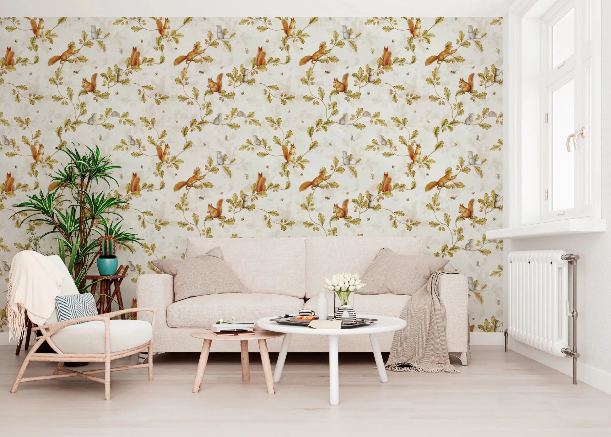 18th Rococo Forest Chinoiserie with Squirrels and Mice on Oak Tree Branches Wallpaper⁠
