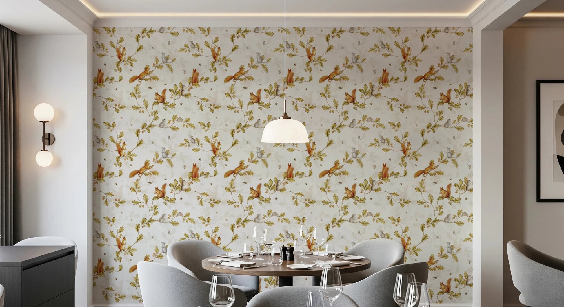 18th Rococo Forest Chinoiserie with Squirrels and Mice on Oak Tree Branches Wallpaper⁠
