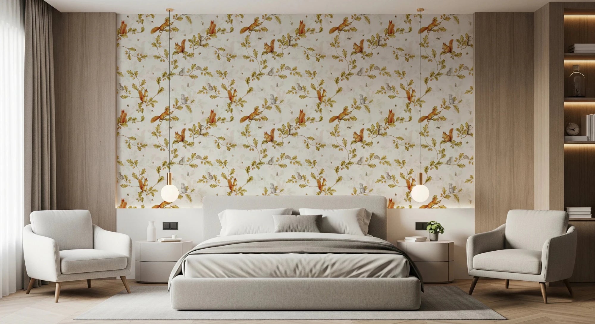 18th Rococo Forest Chinoiserie with Squirrels and Mice on Oak Tree Branches Wallpaper⁠