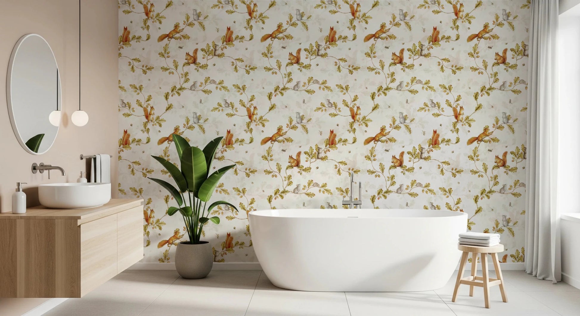 18th Rococo Forest Chinoiserie with Squirrels and Mice on Oak Tree Branches Wallpaper⁠