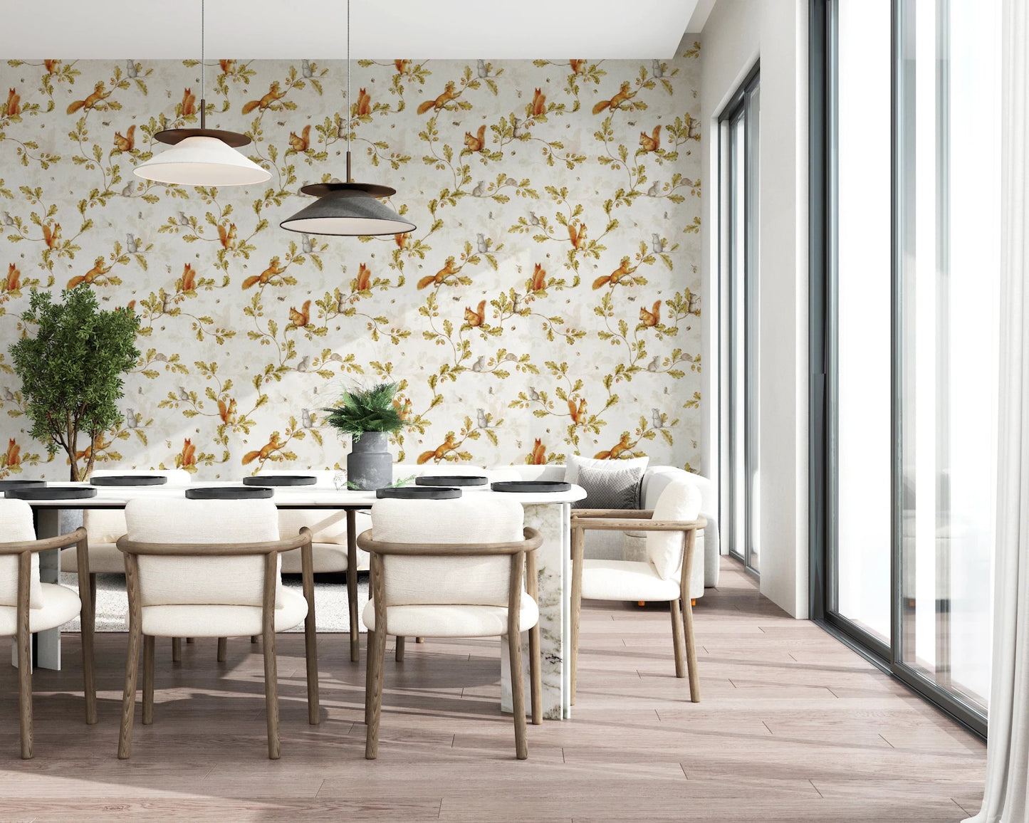 18th Rococo Forest Chinoiserie with Squirrels and Mice on Oak Tree Branches Wallpaper⁠