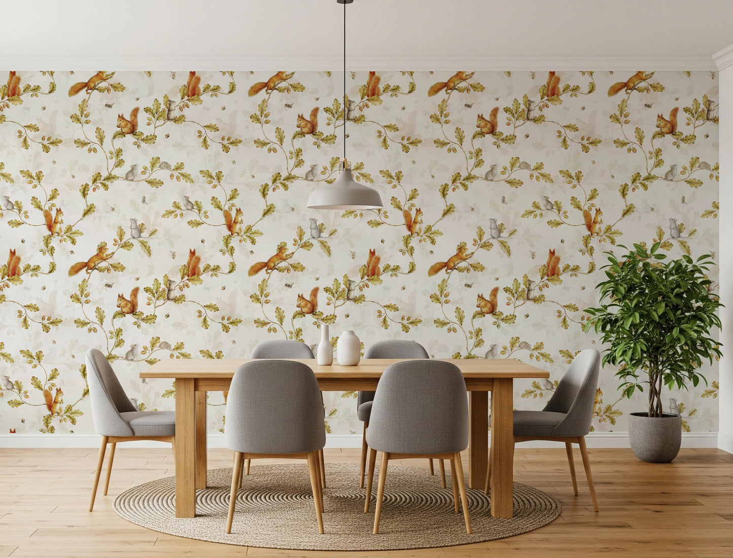18th Rococo Forest Chinoiserie with Squirrels and Mice on Oak Tree Branches Wallpaper⁠