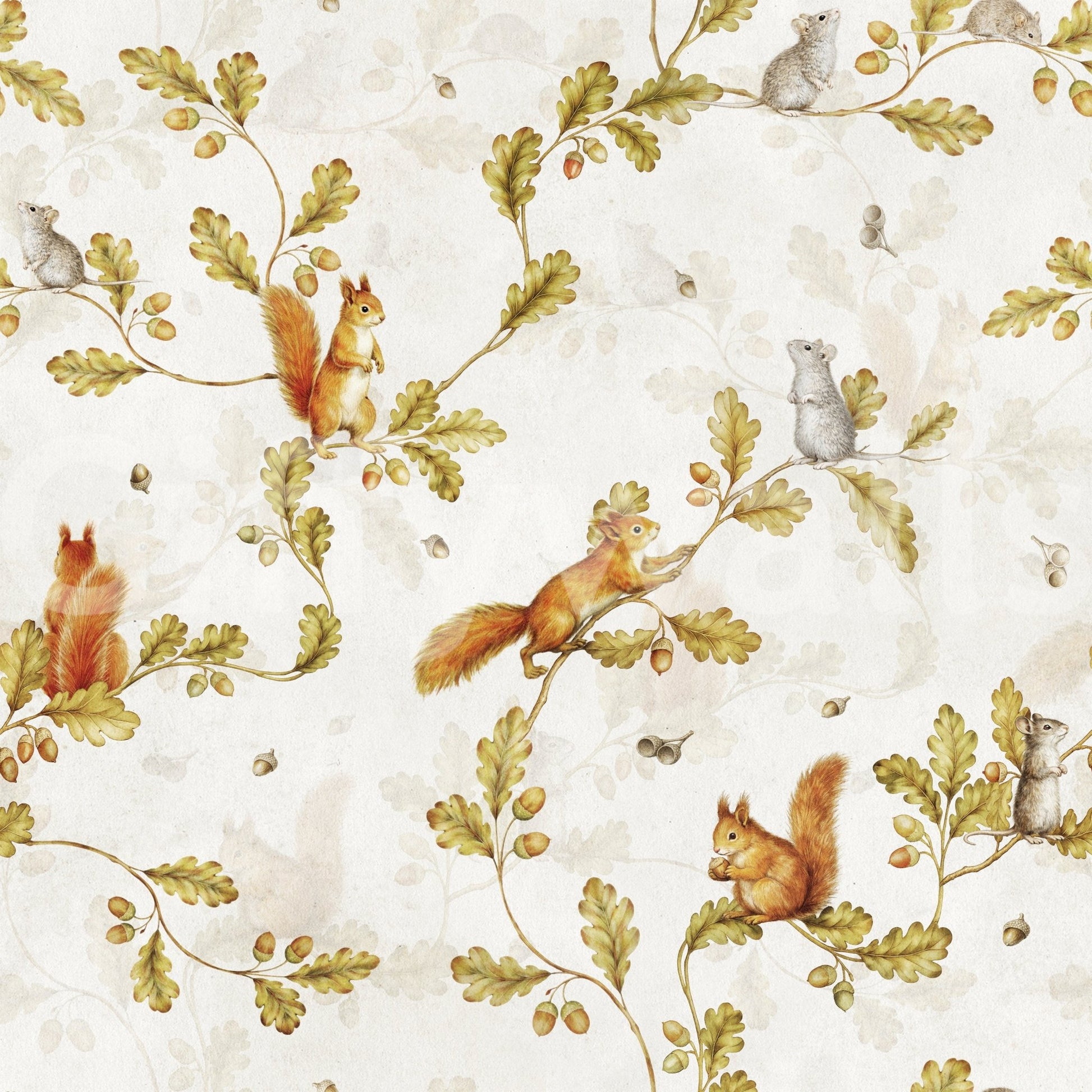 18th Rococo Forest Chinoiserie with Squirrels and Mice on Oak Tree Branches Wallpaper⁠