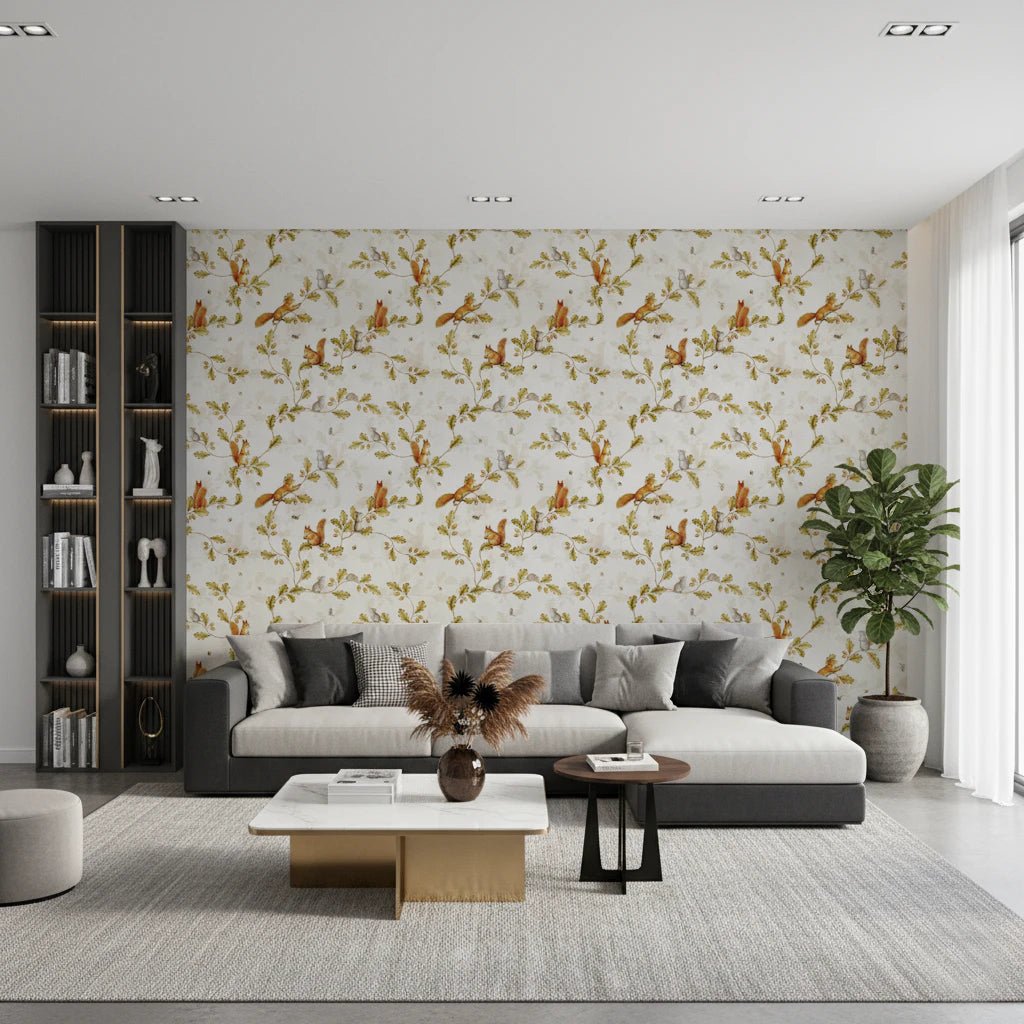 18th Rococo Forest Chinoiserie with Squirrels and Mice on Oak Tree Branches Wallpaper⁠