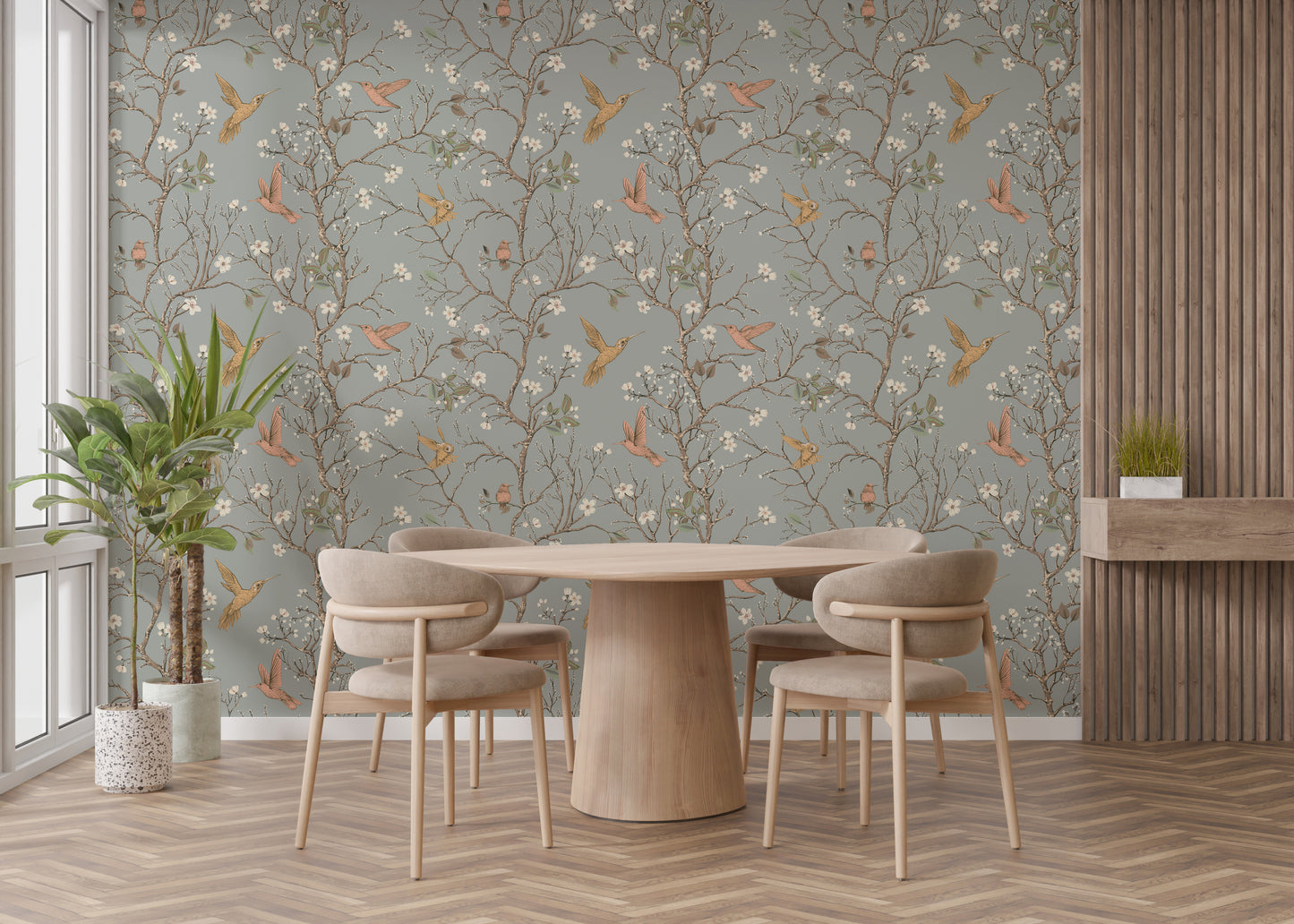 Vintage-style birds and flowers mural