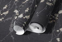 1970s Hex Dot Brown Color wallpaper rolled sample, charcoal grey ground with grey birds and floral branches