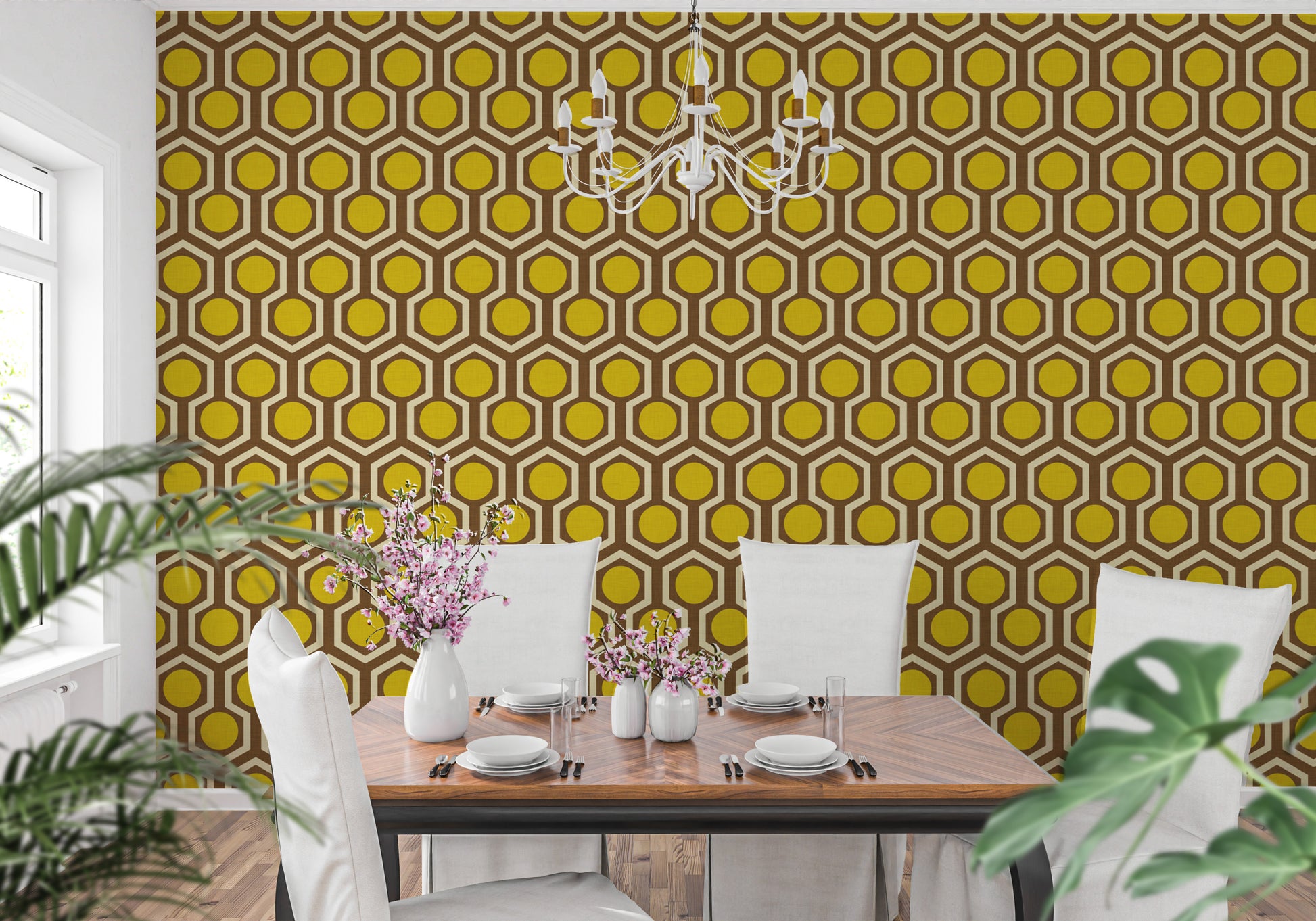Hexagonal dot mural for vintage interiors
