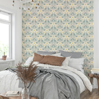 Peel and stick blush cream wallpaper with folk motifs


