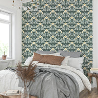 Whimsical folk wallpaper with deep green night palette

